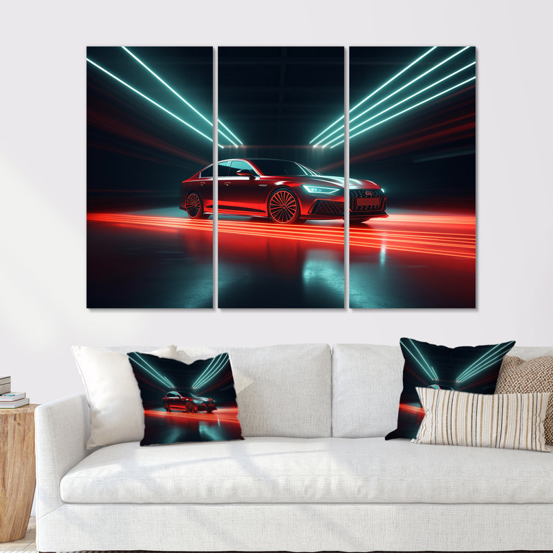 «Neon Light Strips Around Red Sedan - Car / Van», ensemble d'art sur toile, H 28 po x l 36 po