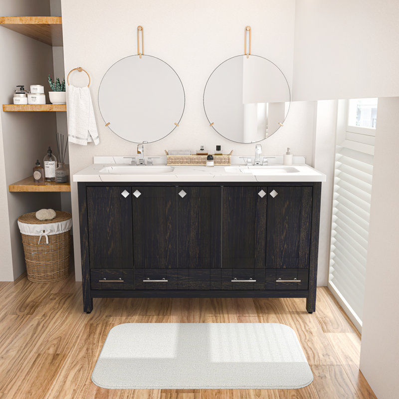Meuble-lavabo double autoportant 59 po avec plateau en marbre d'ingénierie Analis, Bleu foncé
