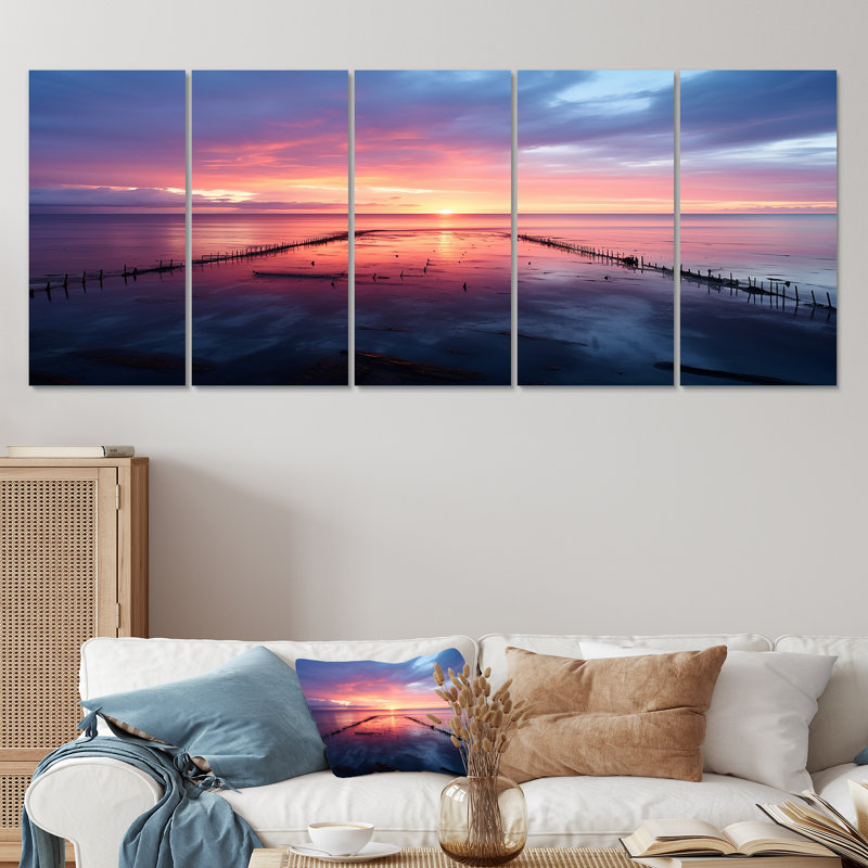 «Pink and Blue Pier» Horizon Sunset IV - Coastal Pier, ensemble d'art mural 5 pièces, H 32 po x l 80 po