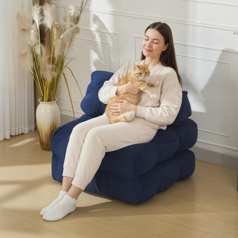 Boneless Folding Sofa Bed with Pillow, Convertible Sleeper Chair & Mattress, Machine Washable Floor Lounger, Navy