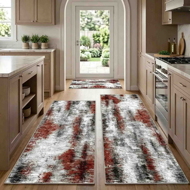 Tapis de cuisine antidérapant lavable à la machine (ensemble de 3), Rouge rouille
