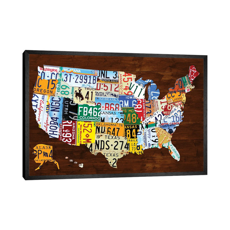 United States Of America License Plate Map 2018 - Print on Canvas, 66.04 cm H x 45.72 cm W, Black Framed