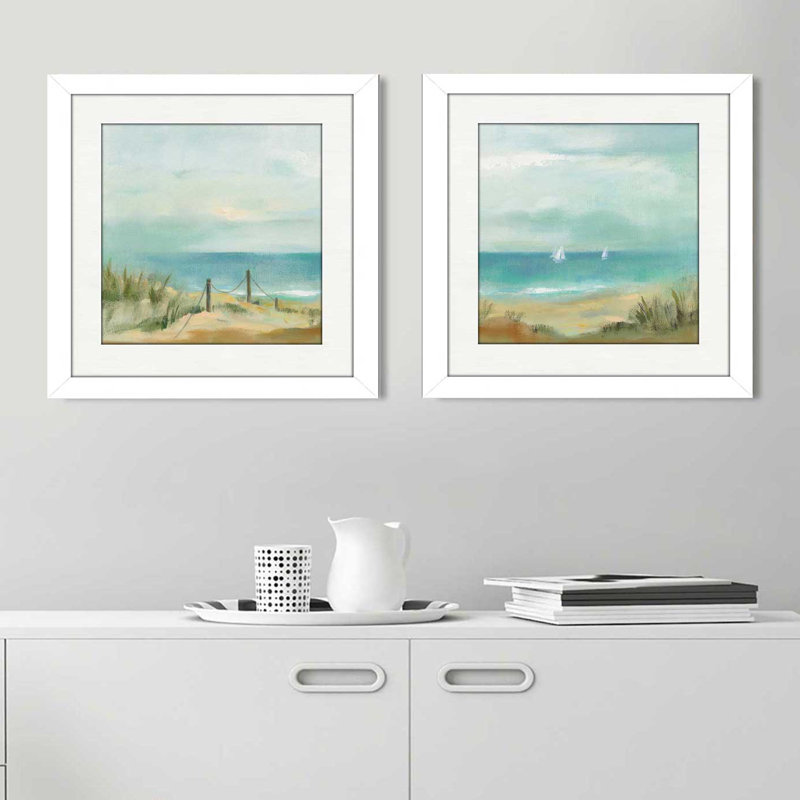 «Serenity on the Beach I», ensemble de 2 reproductions de peintures à l'acrylique encadrées, Blanc mat