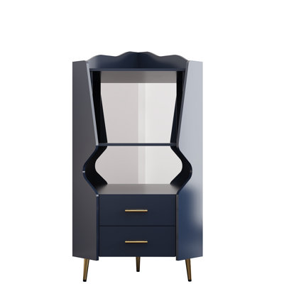 Wooden Corner bar cabinet with 2 open storage shelves and 2 drawers, mirrored back sideboard cabinet, high feet/legs for easy cleaning, buffet cabinet
