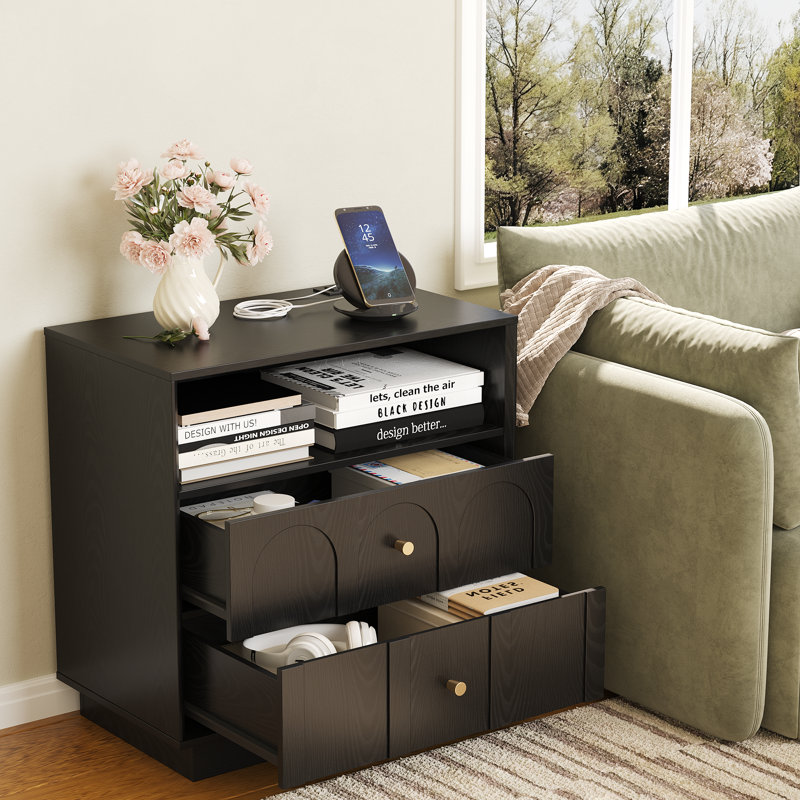 Ensemble de 2 tables de chevet à 2 tiroirs avec station de charge, table de bout arquée de style Mid-Century moderne avec tablette de rangement, table de chevet pour chambre à coucher, bureau