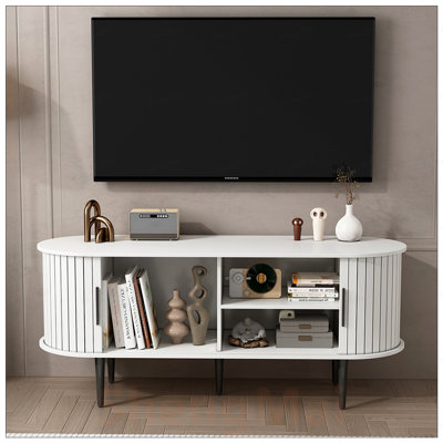 Console de télévision moderne 47 po avec rangement, porte coulissante et design Mid-Century pour le salon et la chambre à coucher