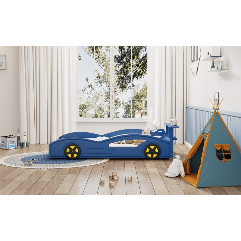 Lit de voiture de course en bois, lit plateforme simple en forme de voiture avec roues pour adolescents, Bleu