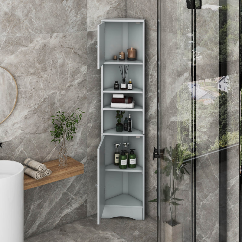 Tall Corner Cabinet- Narrow Space Saving Storage With Doors & Adjustable Shelves, Gray