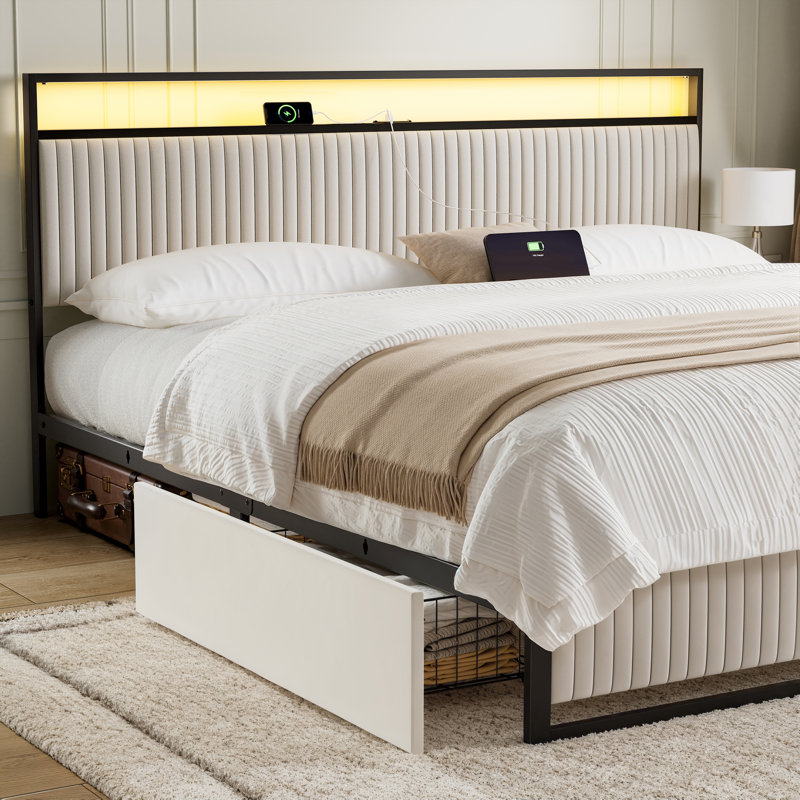 Lit plateforme tapissier avec rangement à 2 tiroirs Antioch, King, Beige