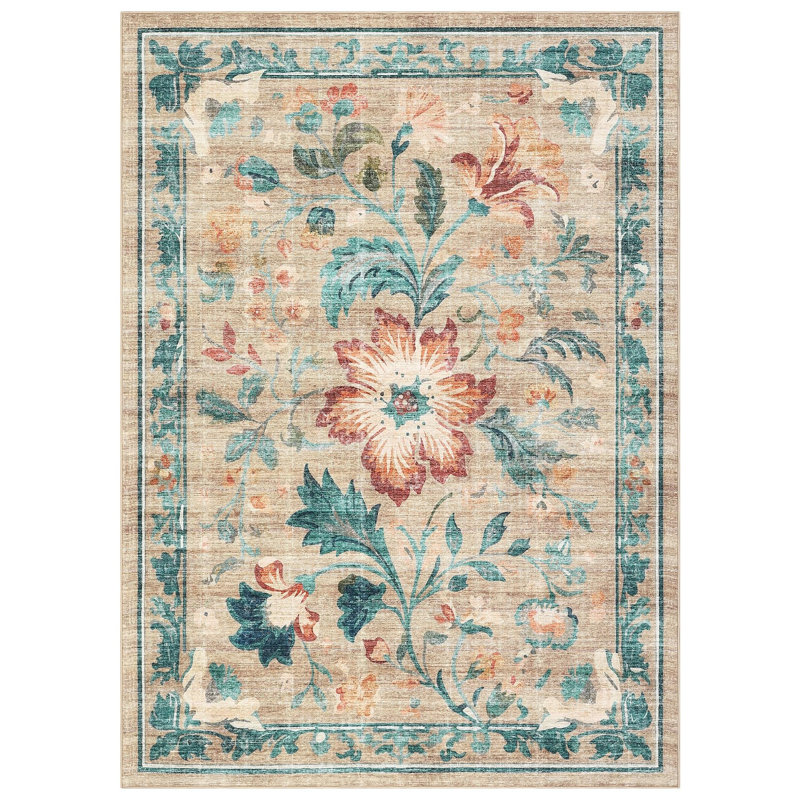 Washable Folding Floral Print Rug Washable Non - Slip Backing for Living Room Bedroom, 6ft, Rectangle 6' x 9', Brown
