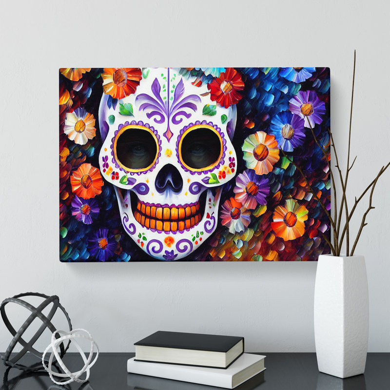 XXX-H1022-WF-7114X Precious Floral Sugar Skull - Wrapped Canvas Print, 50cm H x 76cm W x 3cm D