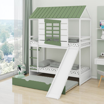 House Bunk Bed With Convertible Slide And Trundle