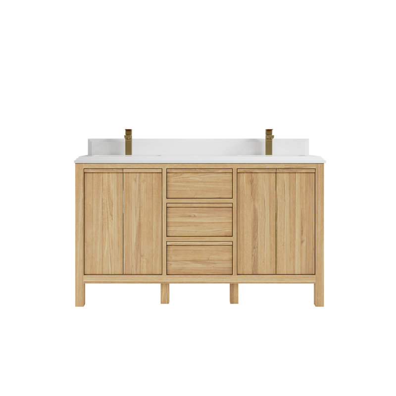 Ensemble de meuble-lavabo double 60 po Teak, Blanc