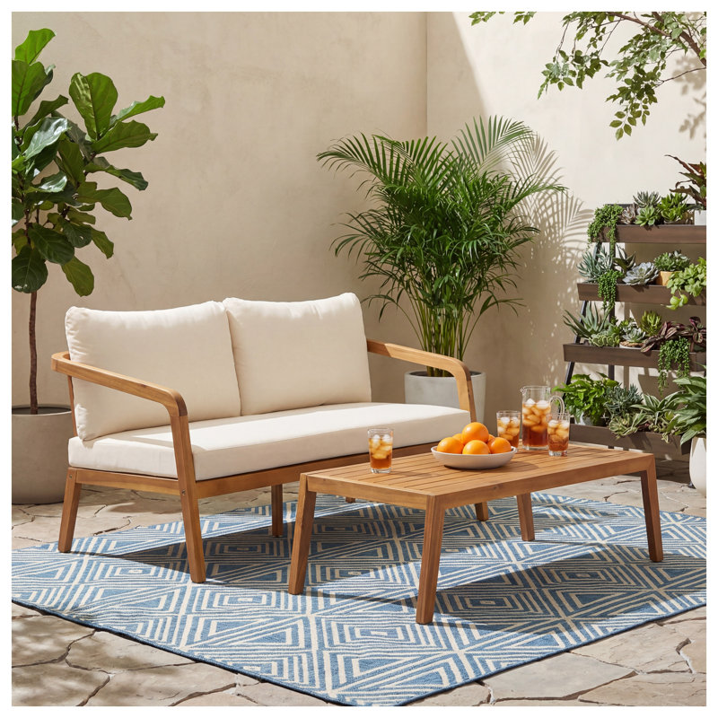 Ensemble de causeuse et table basse d'extérieur 2 pièces avec structure en bois d'acacia et coussins crème
