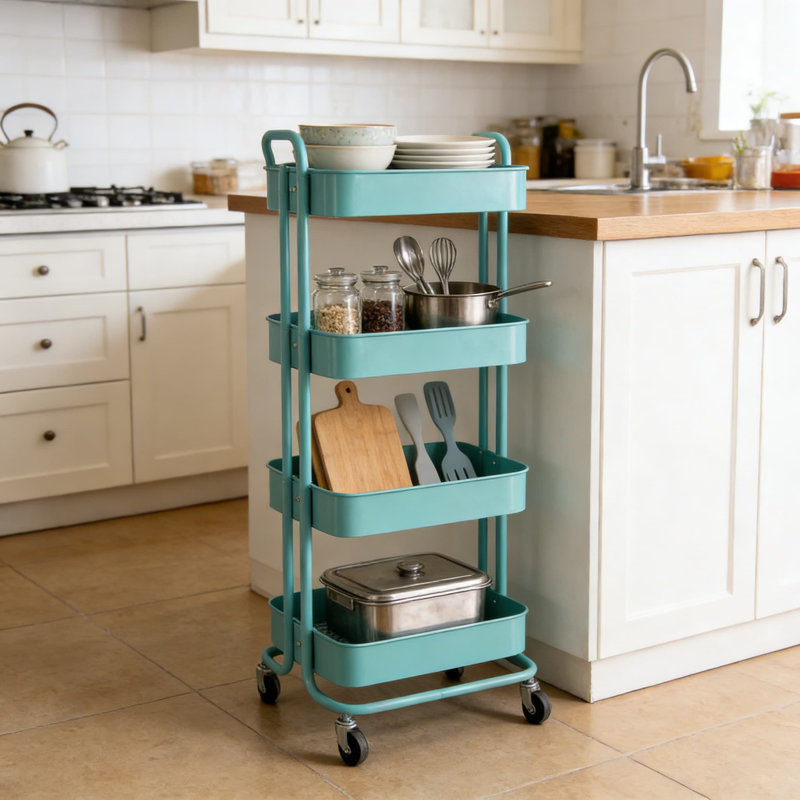 Chariot de rangement roulant à 4 niveaux avec paniers, organisateur en métal robuste avec roues pour la cuisine, le bureau, la salle de bain et le studio
