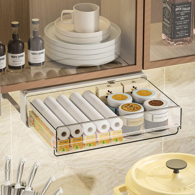 Space Saving Slide Out Drawer Organiser, Pull Out Under Desk Storage Box, Clear Slide Out Storage Organizer, Under Table Large Capacity Under Desk Storage for Home Office School - 31X20X8.6cm