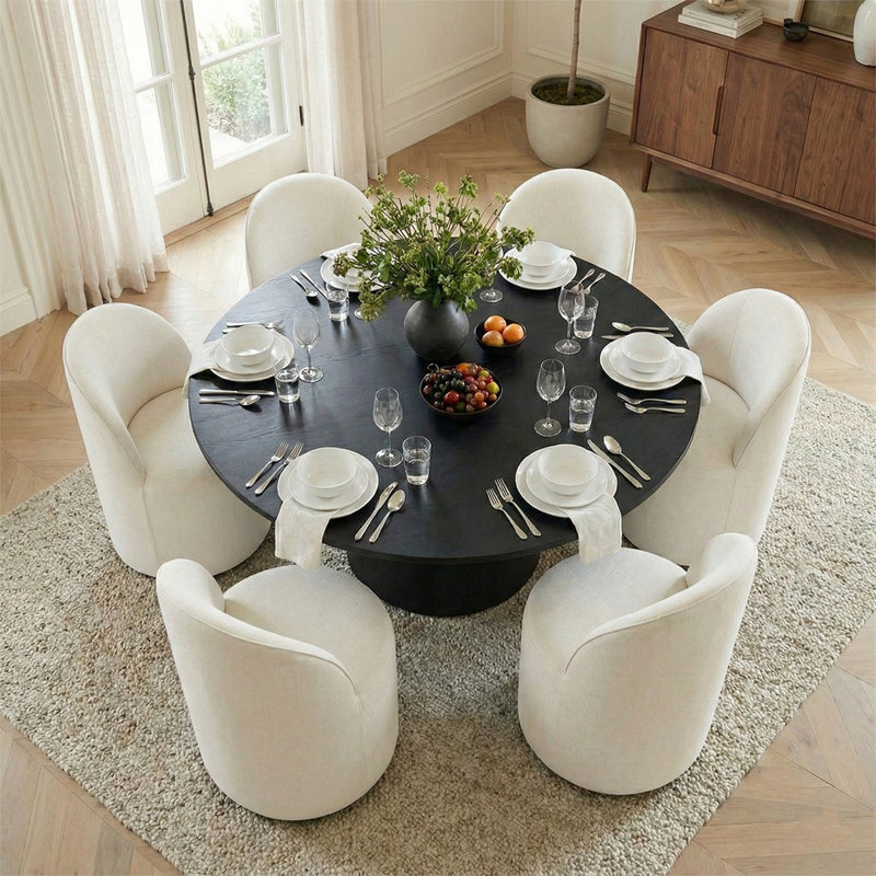 6 - Person Dining Table Sets With Round Table & 6 Upholstered Fabric Chairs, Beige, Black