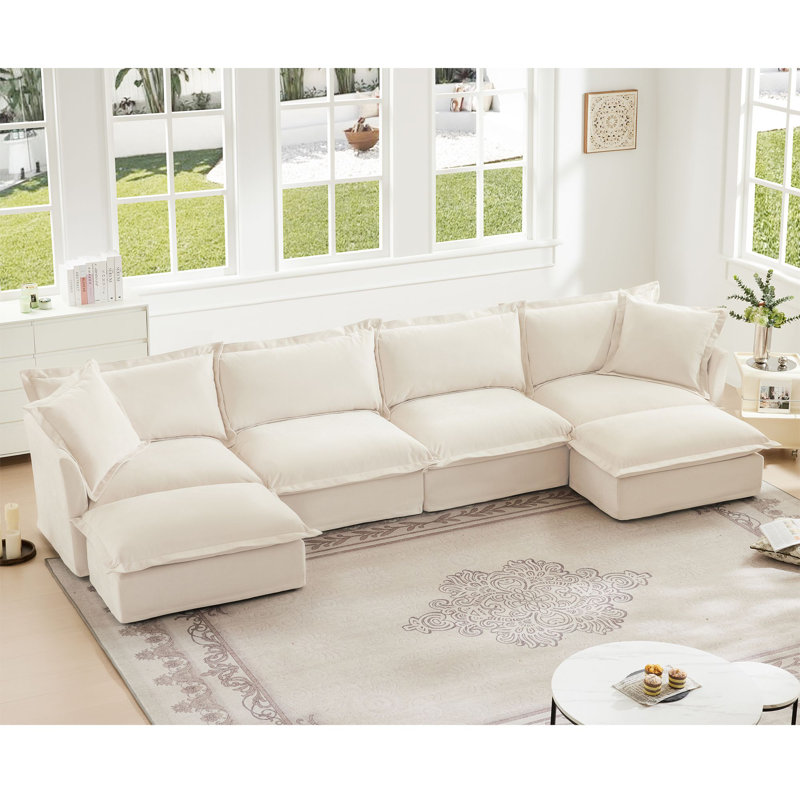 Slipcovered U Shape Sectional Wide and Deep Seat Sofa Couch, 4 Seater Sofa with French Edges Design Multiple Big Pillows, Soft Deep Seat Comfy Cloud Couch for Living Room, Apartment