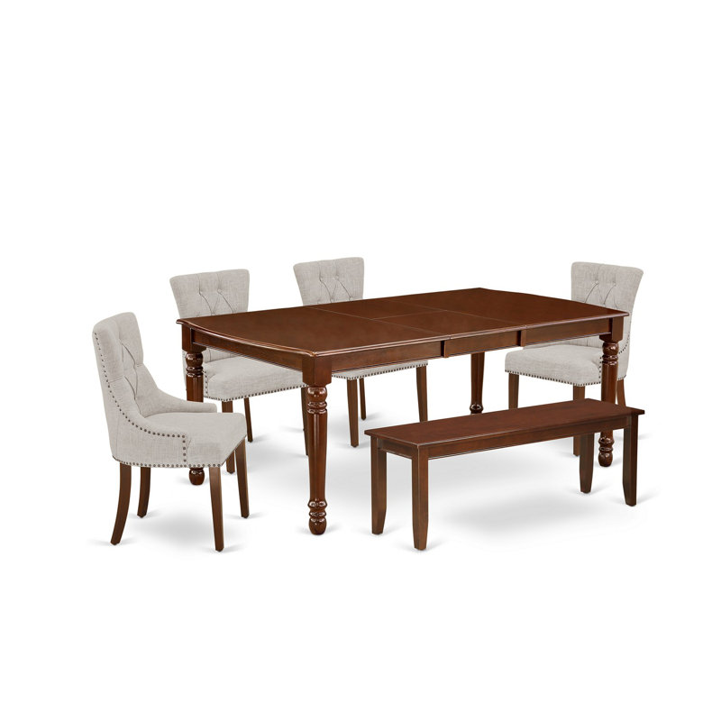 6 Piece Dinette Set Contains a Rectangle Dining Table with Butterfly Leaf and 4 Doeskin Linen Fabric Parson Chairs with a Bench, 42x78 Inch, Mahogany