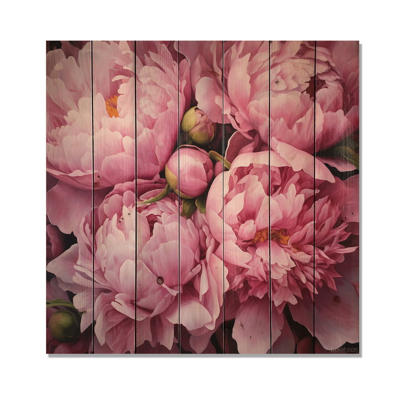 Shirla pivoine verte et rose captivante II sur bois, H 25 po x l 25 po x P 0,78 po
