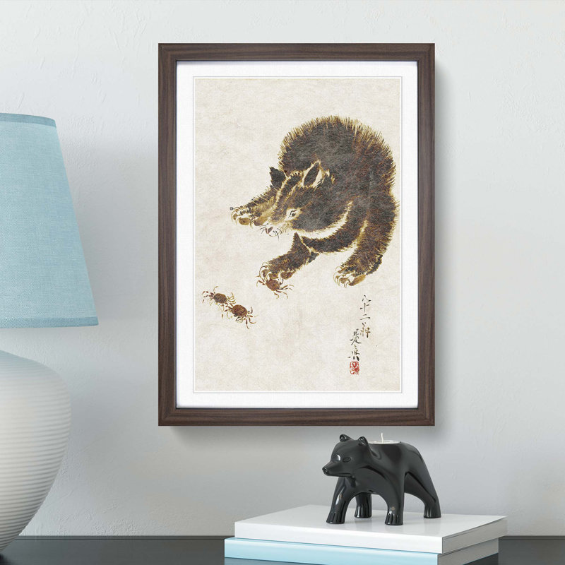 Bear And Crabs by Shibata Zeshin - Single Picture Frame Painting, 63cm H x 45cm W x 2cm D, Walnut Framed