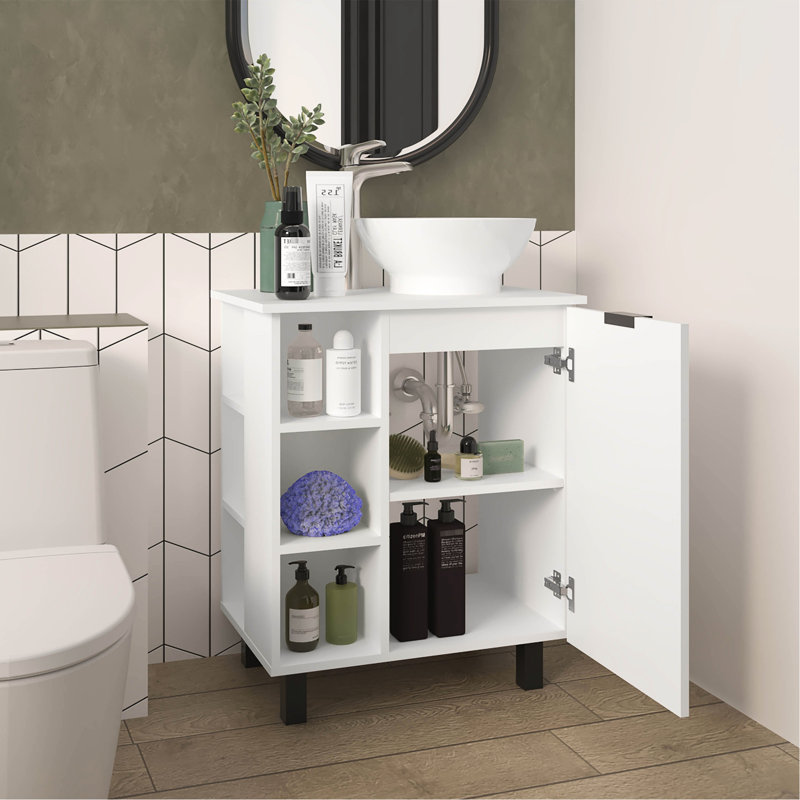 Meuble-lavabo blanc, une porte et 8 tablettes, look épuré, supporté par une porte à pieds stables, huit unités, esthétique, quatre solides