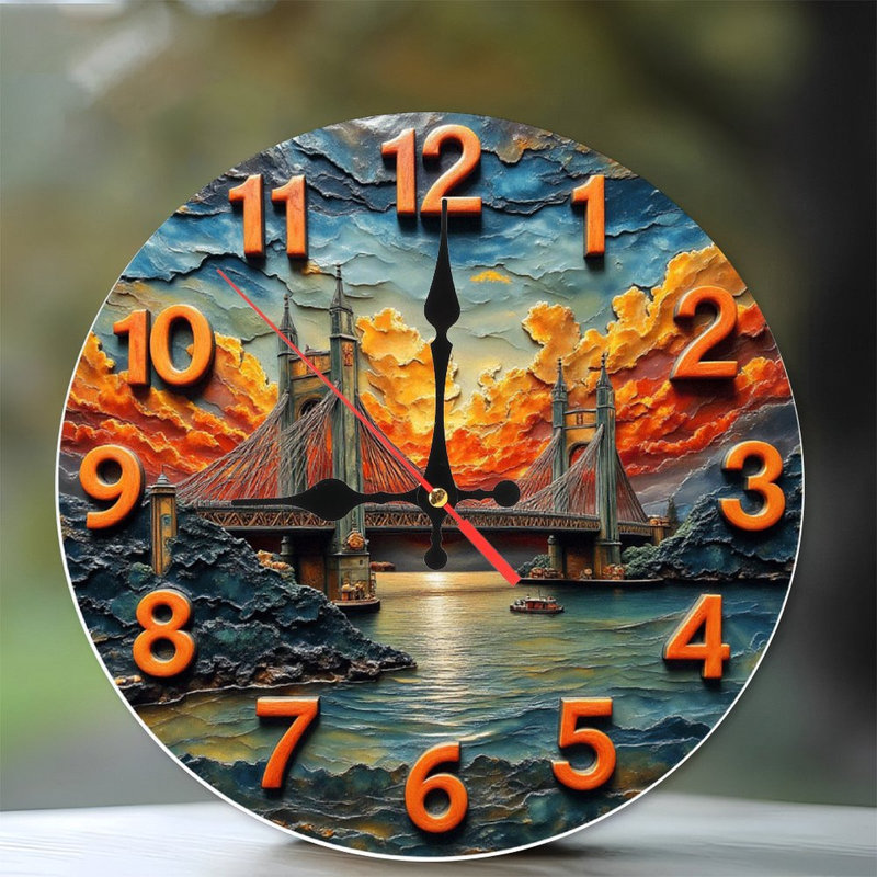 Horloge murale en 2 dimensions avec pont de rivière et coucher de soleil