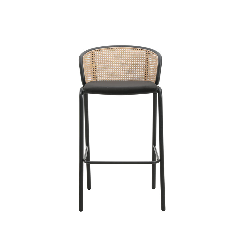Daishun Modern Wicker Bar Stool with Fabric Seat and Powder Coated Steel Frame, Black