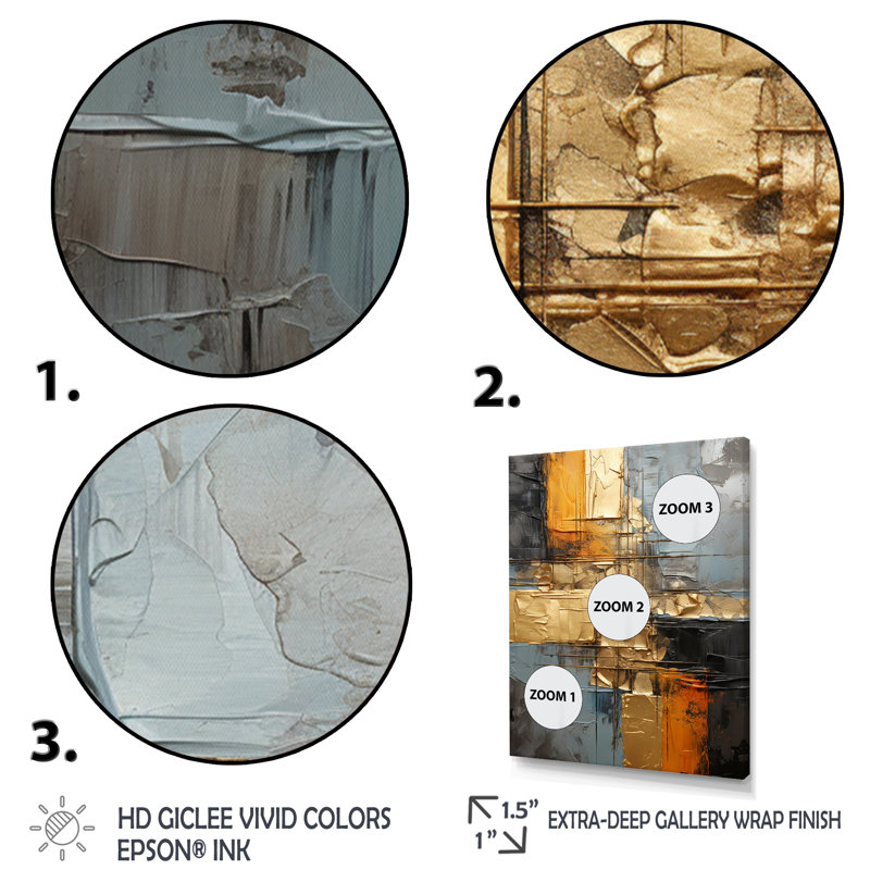 Firganza, gris doré, géométrie brillante sur toile, H 20 po x l 12 po x P 1 po, Encadrement doré