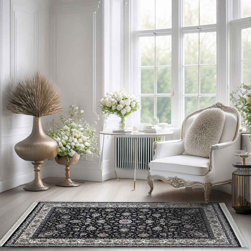 Minyatur Navy & White Medallion Area Rug – Traditional Low-Pile 100% Viscose Carpet, Flatwoven Design, Rectangle 120 x 180 cm