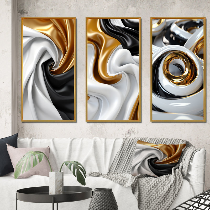 Liquide, spirale abstraite, or, noir et blanc - Ensemble de 3 formes d'art abstrait, Cadre flottant doré, H 32 po x l 48 po