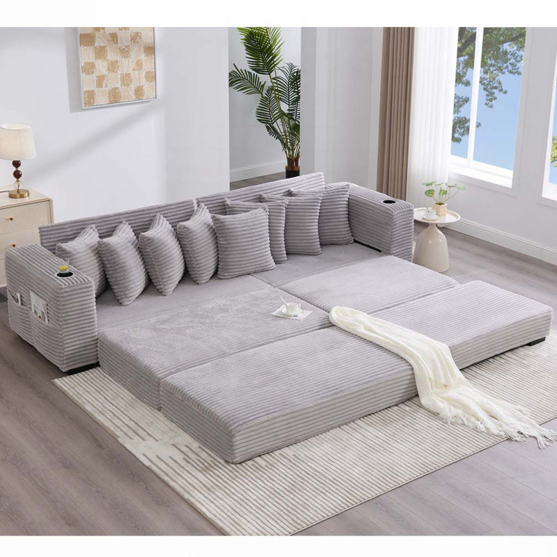 Corduroy Fabric Sectional Couch, Light Grey