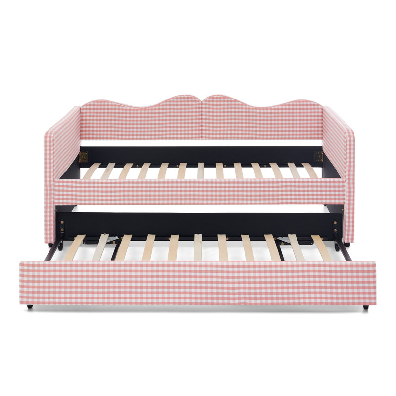 Lit de jour simple, lit de jour rembourré en vichy équipé d'un cadre de lit gigogne escamotable et d'une poche de rangement latérale, canapé-lit multifonctionnel en bois massif pour chambre d'enfant et chambre d'amis - Rose
