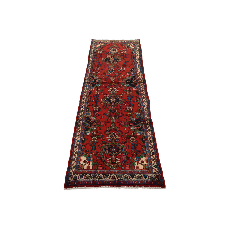 Tapis rouge rétro en laine noué à la main 3 pi 7 po x 9 pi 4 po Tribal Vintage