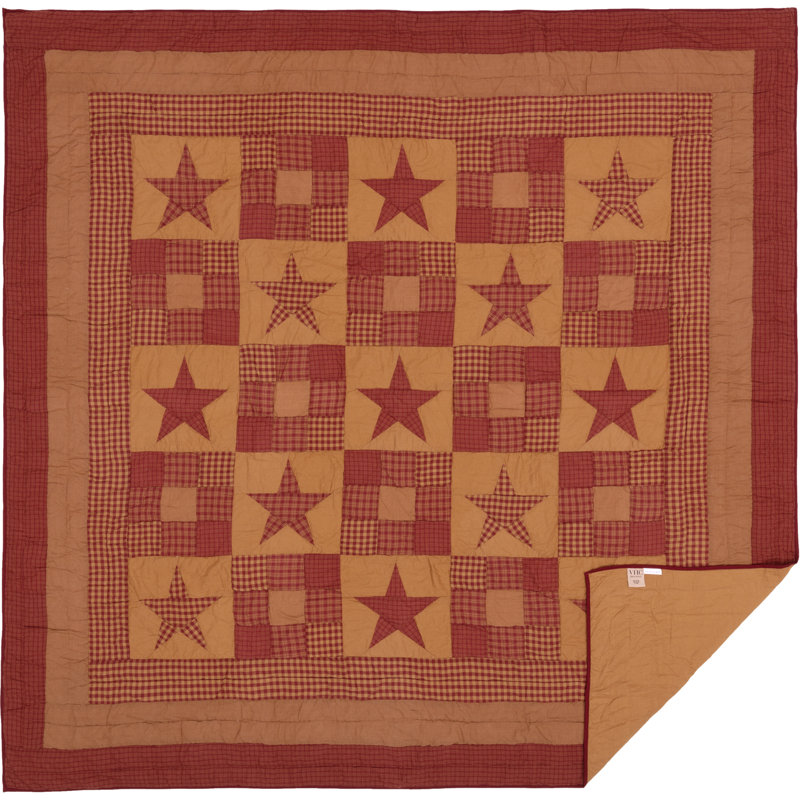 Ninepatch Star Cotton Patchwork Quilt, Queen Quilt + 2 Shams