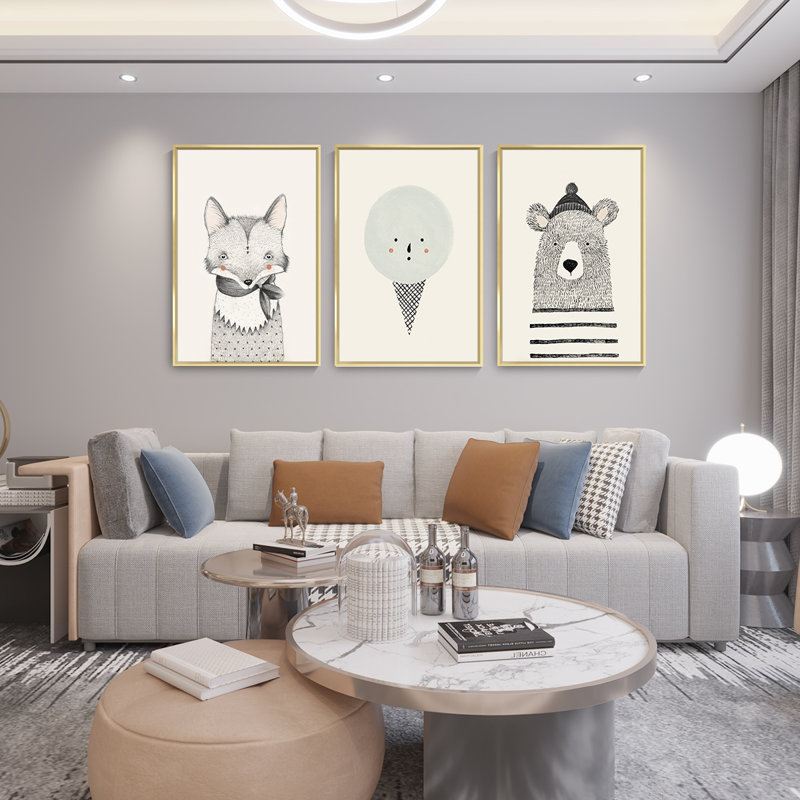 Mignon animaux, art mural encadré en aluminium - ensemble de 3 reproductions d'art sur toile encadrées, Cadre doré