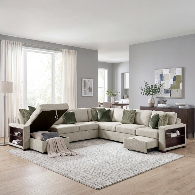 Canapé modulaire en microfibre 5 pièces de 140 po avec lit escamotable, ports de charge intégrés et rangement caché 140 po.