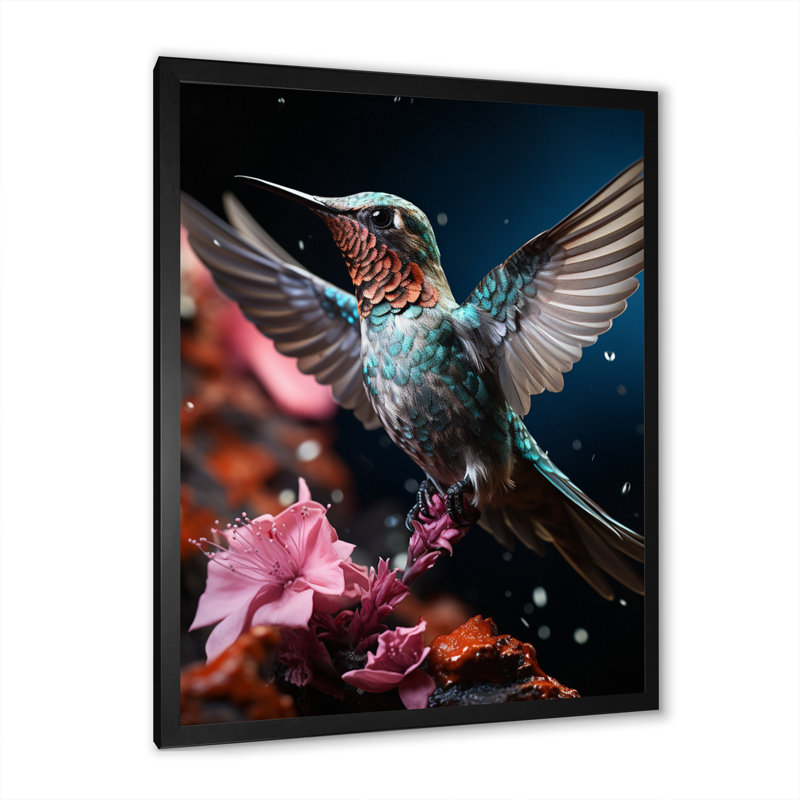 Colibri bleu sarcelle Avdullah - reproduction sur toile, Toile noire à cadre unique, H 40 po x l 30 po x P 1,5 po