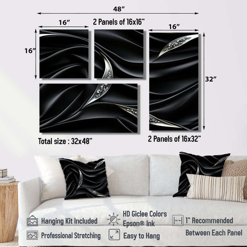 Hockett - Art mural moderne doré 4 pièces, Noir, Impression encadrée sans passe-partout