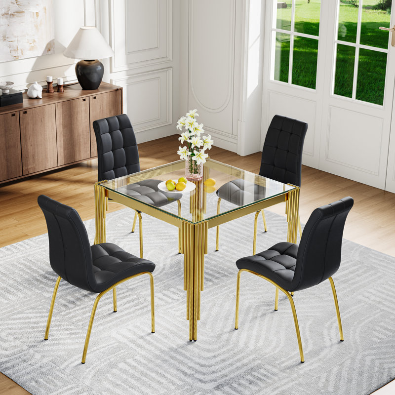 4 - Person Square Glass Top Dining Set, Clear, Gold, Black/Gold