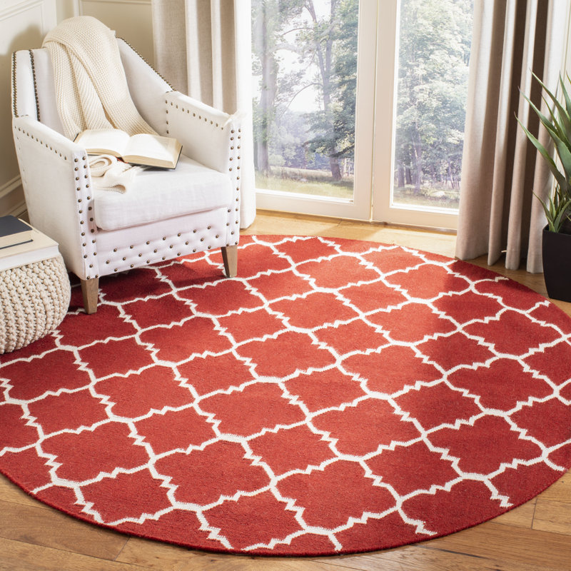 Rodgers Hand Woven Flat Weave Wool/Cotton Geometric Rug in Red/Ivory, Round 6'