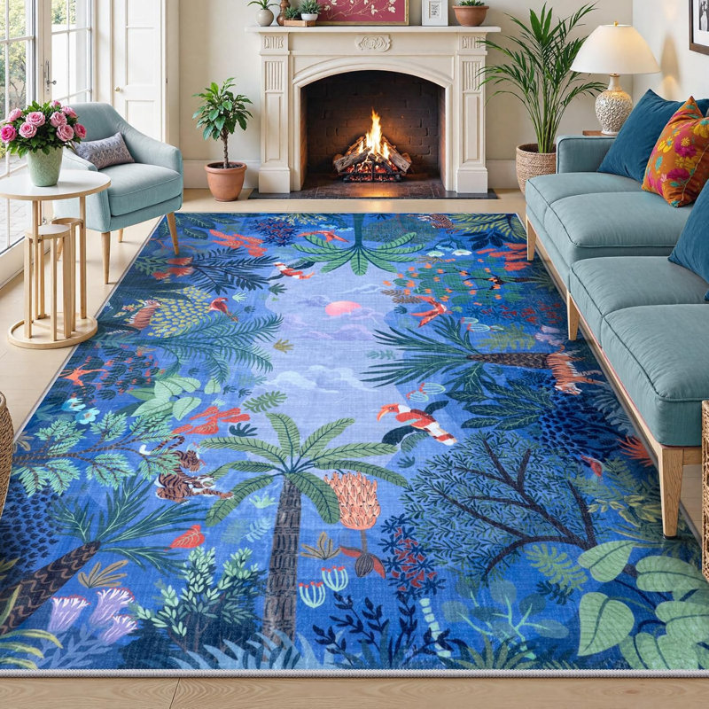Washable Jungle Animal Print 9x12 Blue Rugs for Living Room, Soft Kids Area Rugs for Bedroom, Non-Skid Modern Dining Room Rug  Playroom  Nursery