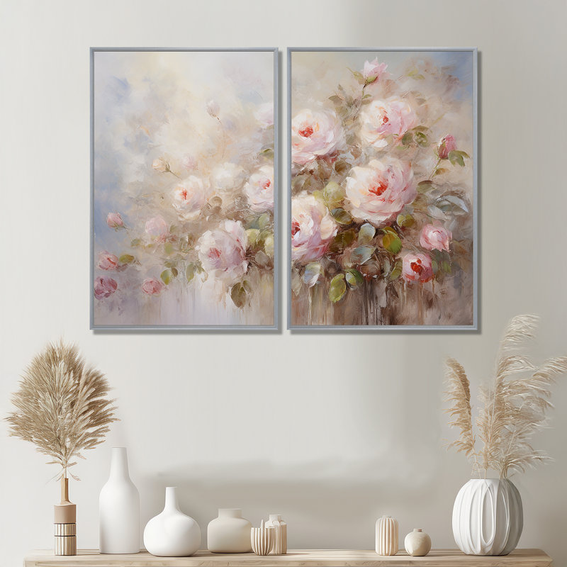 «Pink Roses Farmhouse Charm» - art mural moderne 2 panneaux, 36" H x 48" W, Floater Framed Print without Mat, Silver