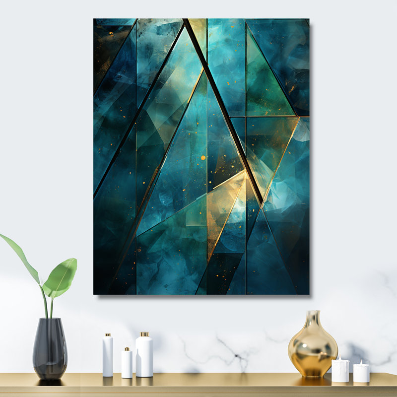 Pyramide bleue émeraude II - Décoration murale abstraite en métal, H 20 po x l 12 po x P 1 po