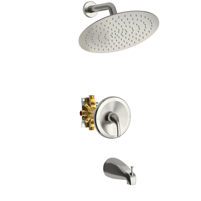 Wall Mount 10" Round Rain Shower Head And Waterfall Tub Spout In Brushed Nickel - Valve, Easy Installation Sanitary Assurance Guarantee Mounted With -balanced Install & Clean
