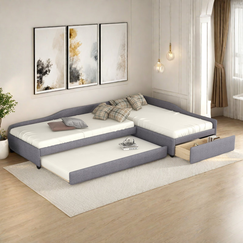 Multifunctional Upholstered Daybed With Trundle And One Drawer, Gray