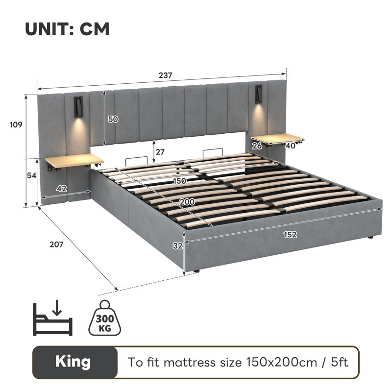Upholstered Bed With Headboard And Adjustable Bedside Shelf Grey, Kingsize (5')