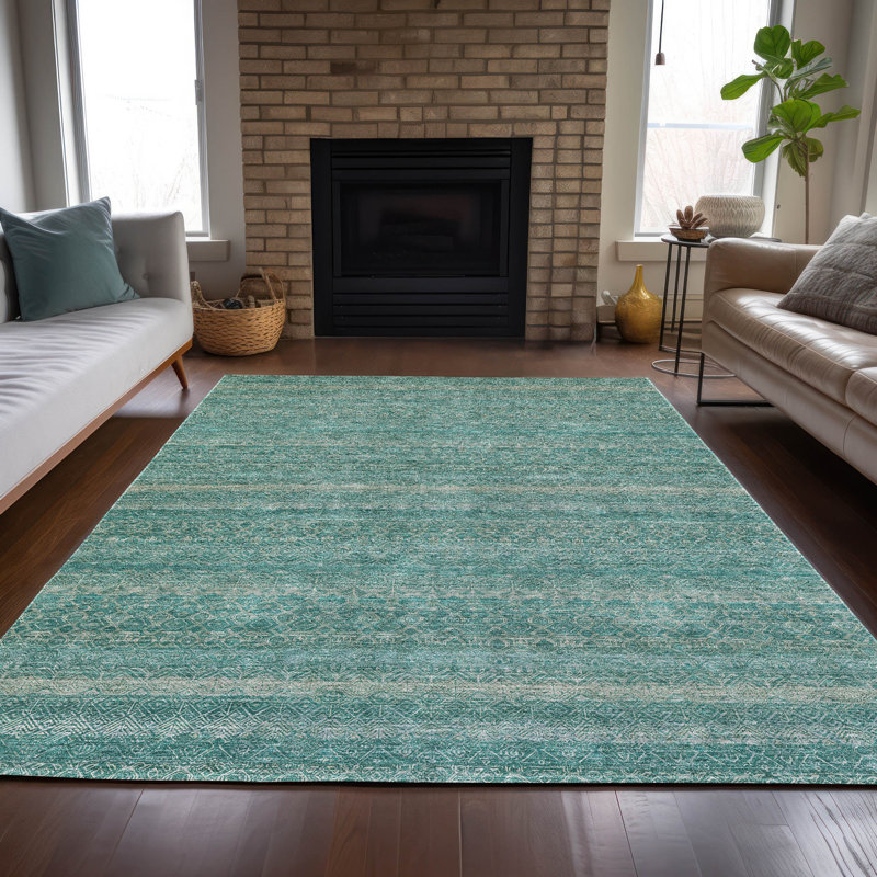 Tapis bleu sarcelle lavable à la machine intérieur / extérieur Xhevrie, Rectangle 10 pi x 14 pi