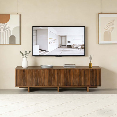 Meuble télé rétro à grain de bois avec porte ondulée pour téléviseur de 75 à 75 po, rangement spacieux et gestion des câbles, console multimédia robuste