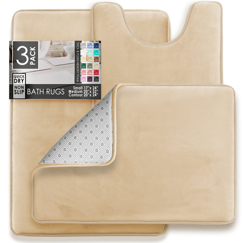 Aighan 3 Piece Ultra Soft and Absorbent Memory Foam Bath Rug Set with Non-Slip Backing, Cream